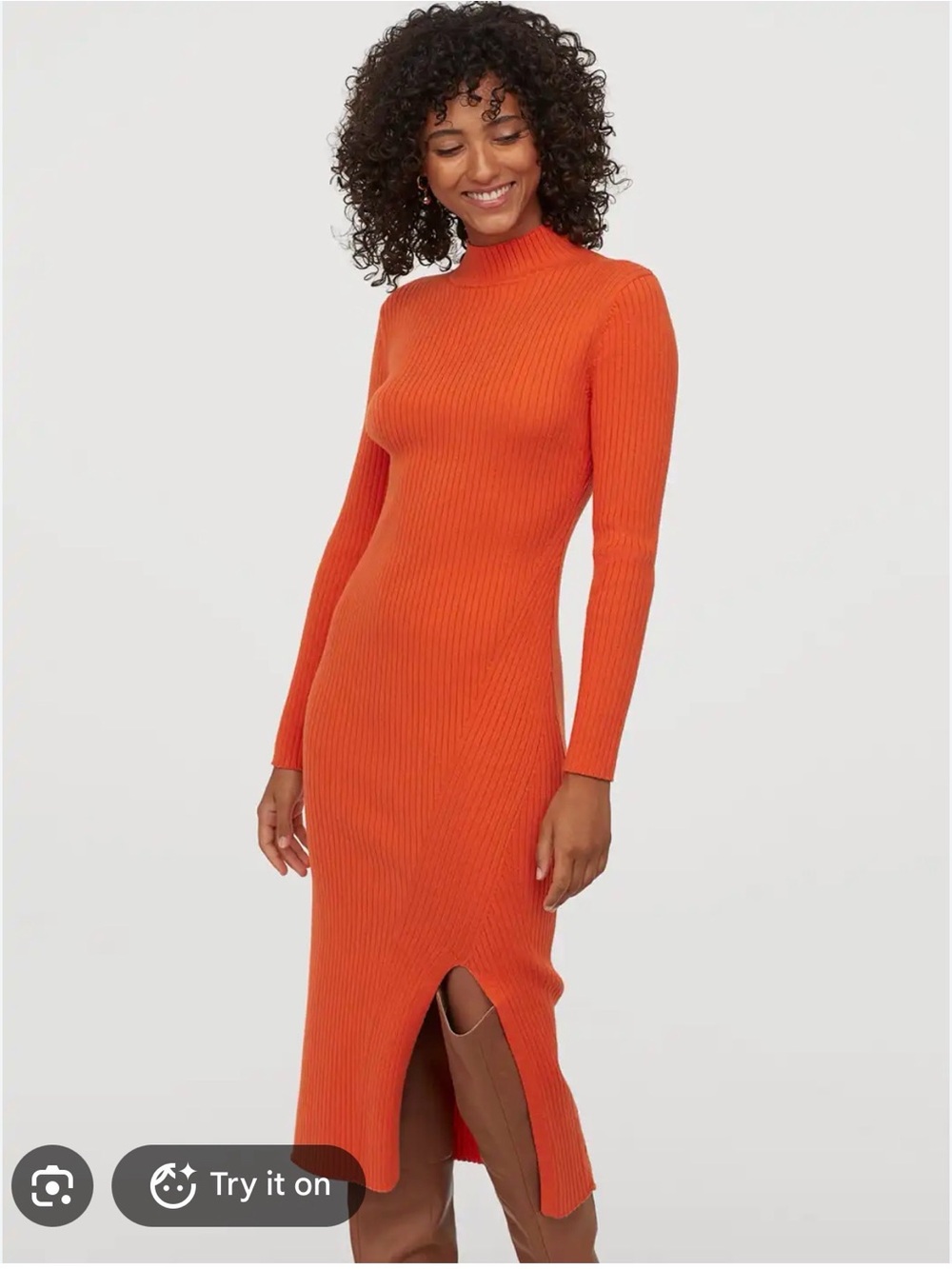 H&M Orange Ribbed Mock-Neck Long-Sleeve Dress